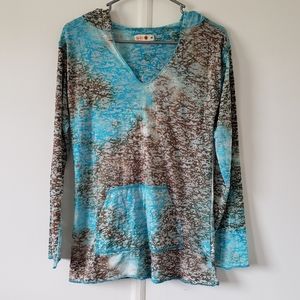 Hooded Blue & Brown TieDie Longsleeved V-Neck Top
